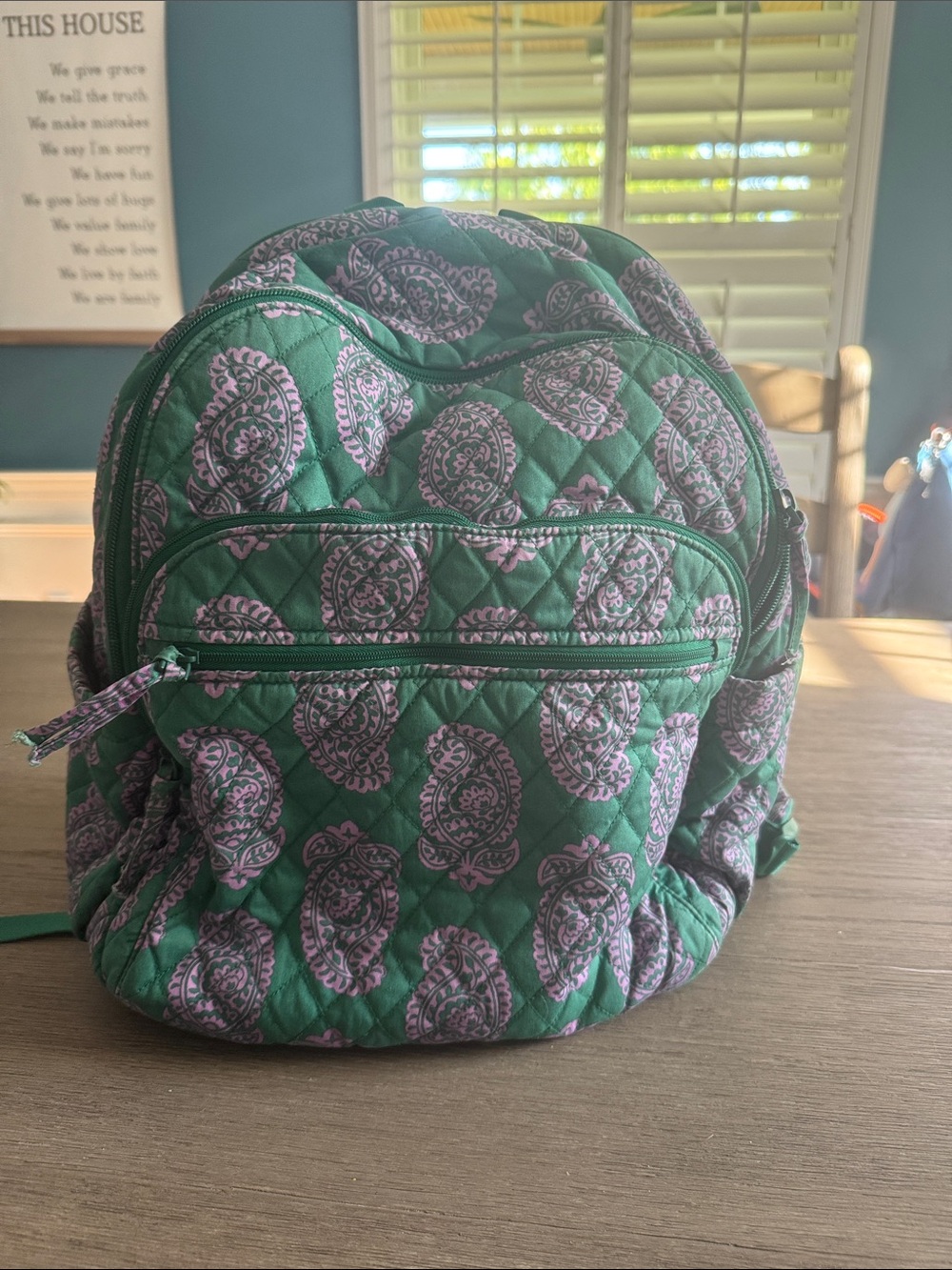 Vera Bradley Green Quilted Paisley Backpack with Pink Accents